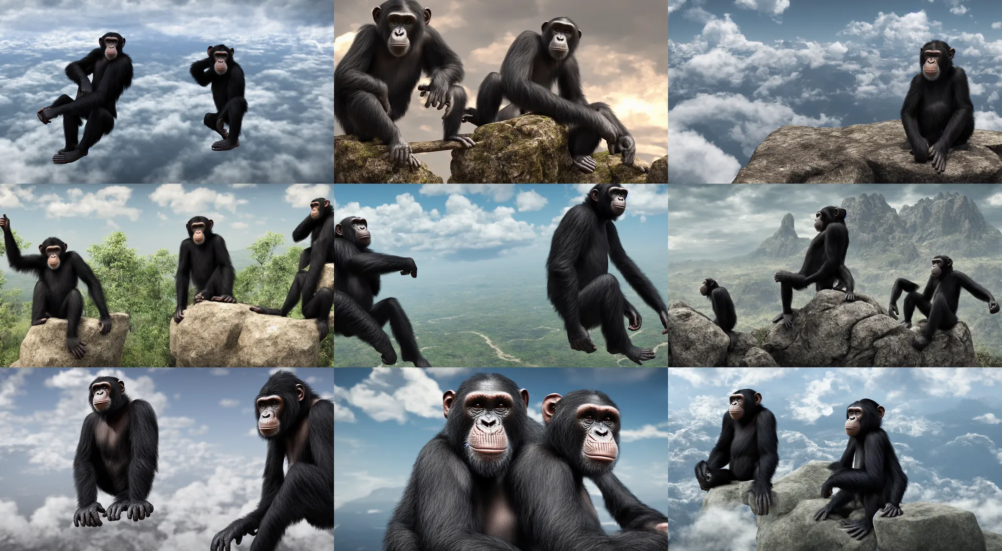 Prompt: unreal engine 5, 8 k, | a beautiful chimpanzee sitting amongst the clouds, high in the sky