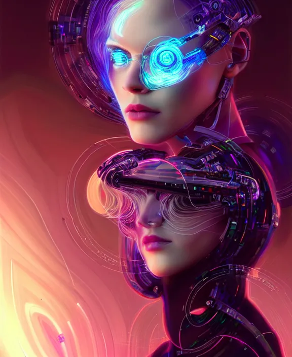 Image similar to a whirlwind of souls rushing inside the metaverse, hologram, half body, neurochip, shaved temple, piercing, jewelry, android, cyborg, cyberpunk face, by loish, d & d, fantasy, intricate, elegant, highly detailed, colorful, digital painting, artstation, concept art, art by artgerm and greg rutkowski and alphonse mucha