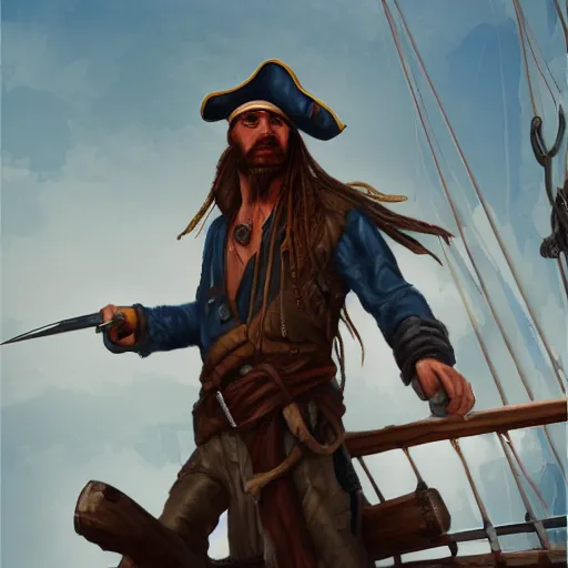 Prompt: closeup of a pirate standing on his ship, digital painting, artstation, texture, by marco bucco