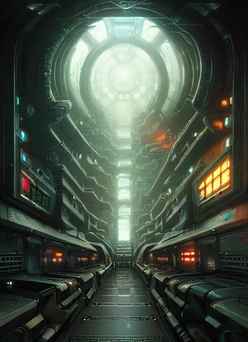 Prompt: wide angle shot of alien corridor cybertronic in a scenic dystopian environment, intricate, elegant, highly detailed, centered, digital painting, artstation, concept art, smooth, sharp focus, illustration, artgerm, tomasz alen kopera, peter mohrbacher, donato giancola, joseph christian leyendecker, wlop, boris vallejo