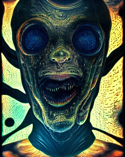 Prompt: realistic portrait of a alien experiment gone wrong, psychedelic, dark art, facing camera, photo realistic, detailed, 1 4 5 0, delicate, hyper realism, ultra realistic, 8 k
