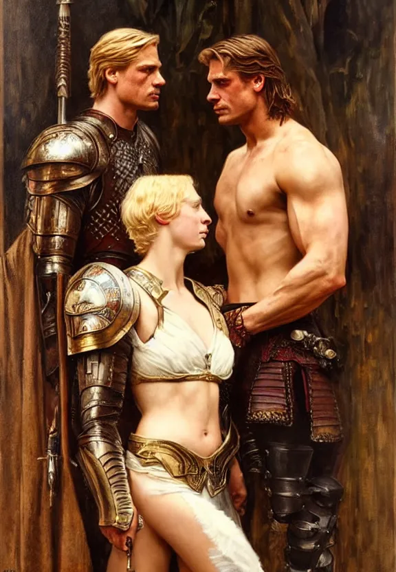 Image similar to attractive handsome muscly jaime lannister confesses his love for attractive fully armored brienne of tarth. highly detailed painting by gaston bussiere and j. c. leyendecker 8 k