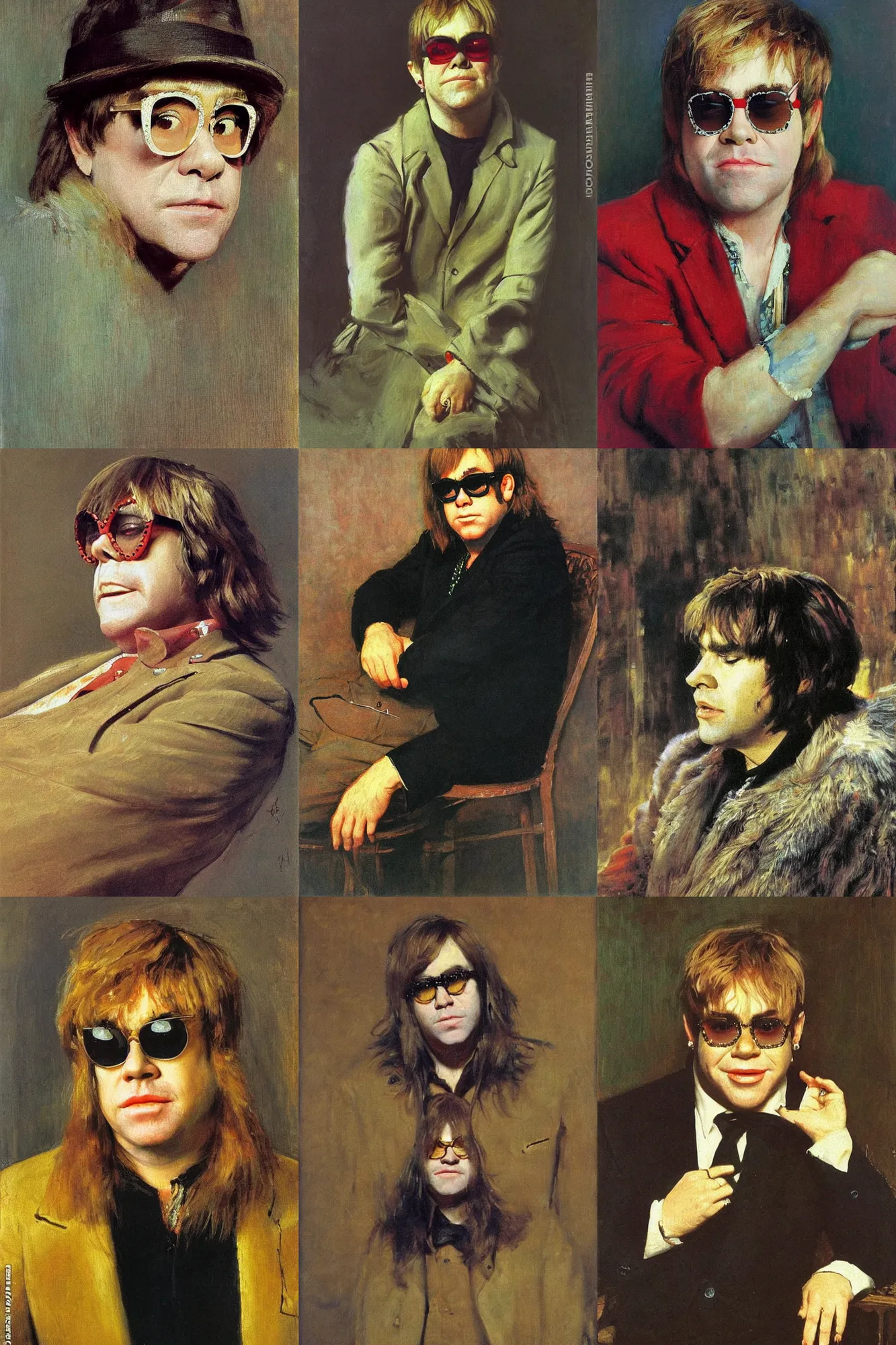 Prompt: Portrait of Elton John with Long hair in 1970 by Ilya Repin