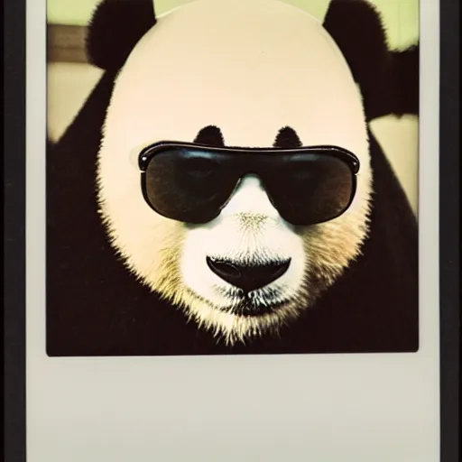 Image similar to grainy head to shoulder portrait polaroid film photograph of a panda in a mall wearing aviator shades. super resolution. surreal. extremely detailed. polaroid 6 0 0 film. by annie leibovitz and richard avedon