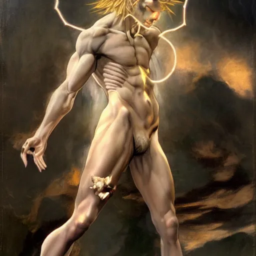 Image similar to A extreme long shot, stunning, breathtaking, awe-inspiring, award-winning, ground breaking, concept art, nouveau painting, of Lucifer, extra-light natural blonde hair, sophisticated well rounded face, bright glowing eyes like LEDs, Lean Body, porcelain looking skin, standing tall invincible over the remains of Heaven, posing as a JoJo character, by Michelangelo, Caravaggio, Dark Fantasy mixed with Socialist Realism, exquisite portrayal, dramatic representation, hyperrealistic picture, atmospheric scene, cinematic, trending on ArtStation , photoshopped, deep depth of field, intricate detail, finely detailed, small details, extra detail, attention to detail, symmetrical, high resolution, 3D, PBR, path tracing, volumetric lighting, golden hour, octane render, arnold render, 8k