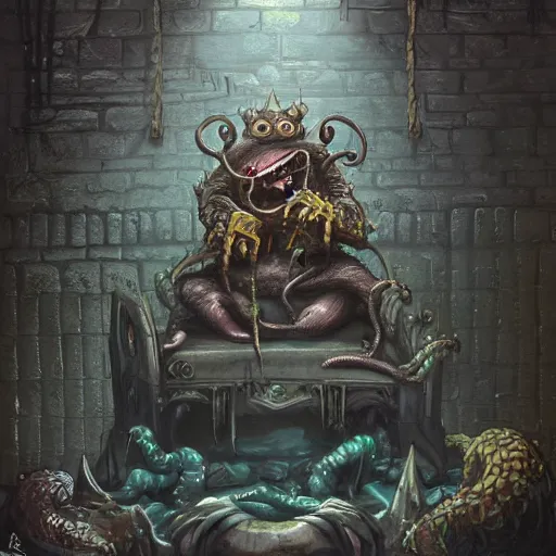 Image similar to murky sewer scene with a grinning rat king sitting on a throne, surrounded by other rats. trending on artstation, fantasy illustration, realistic, extremely detailed