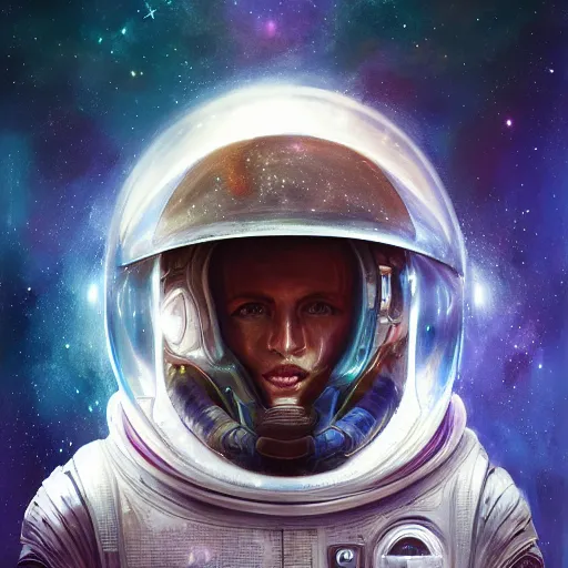 Image similar to portrait of a young rugged astronaut, galaxy spiral background. exploded helmet, D&D, fantasy, intricate, elegant, highly detailed, digital painting, artstation, concept art, matte, sharp focus, illustration, art by Anna dittmann