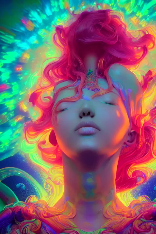 Image similar to a gorgeous girl engulfed in colorful liquid clouds and neon smoke, extremely psychedelic experience, psilocybin, dmt, lsd face, highly detailed, artstation, concept art, blue background, digital art by hana yata, and artem demura and beeple, alphonse mucha, octane render, unreal engine, 8 k