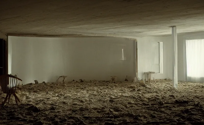 Image similar to photo of the interior of a house built on nothing and something for the nothing underneath, scene from being john malcovich film directed by charlie kaufman ( 2 0 0 1 ), moody cinematography and lighting, 2 4 mm anamorphic lens