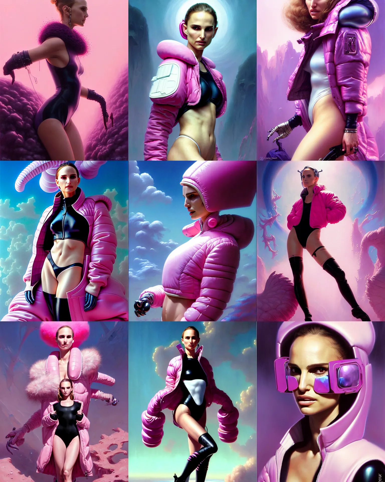 Prompt: beautiful fantasy character portrait, natalie portman, wearing oversized puffy pink bomber jacket and black leotard, ultra realistic, wide angle, seductive pose, cyberpunk artifacts, highly detailed by peter mohrbacher, hajime sorayama, wayne barlowe, boris vallejo, aaron horkey, gaston bussiere, craig mullins