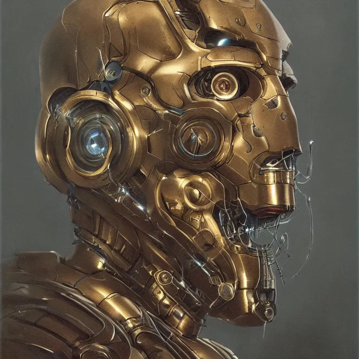 Prompt: portrait of a brass Ultron from Age of Ultron, clockwork steampunk, only head and chest, by Beksinski, trending on artstation, 4k