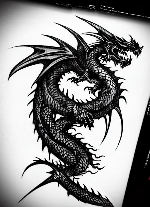 Image similar to dragon, sketch tattoo, dark, black theme, japan style, highly detailed, masterpiece, trending on artstation, golden ratio, cinematic romantic magical, perfect intricate