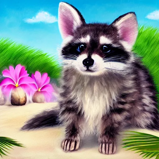 Prompt: cute fluffy hybrid animal cross between kitten, raccoon, and lop eared bunny rabbit sitting on a tropical beach landscape detailed painting 4 k