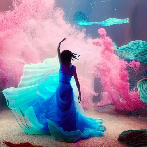 Image similar to woman dancing underwater wearing a flowing dress made of many translucent layers of blue, magenta, and yellow lace seaweed, delicate coral sea bottom, swirling silver fish, swirling smoke shapes, unreal engine, caustics lighting from above, cinematic, hyperdetailed