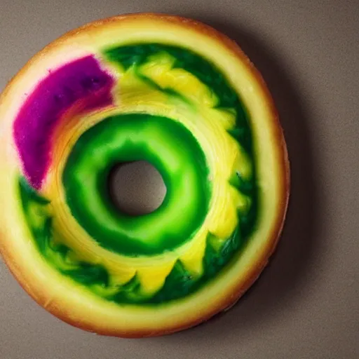Image similar to Perfectly circular donut!!!!! in the style and shape of a pineapple!!!!!!, blended colors!!!!!, trending on artstation, 4k, 8k, professional photography, overhead shot, 35mm lens