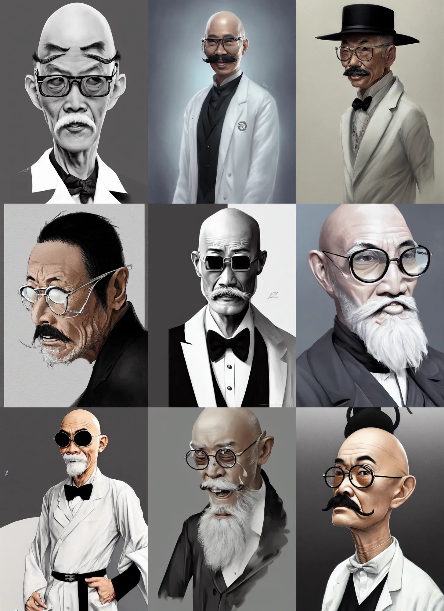 Prompt: asian old skinny scientist, full-length, bald, big moustache, black sunglasses, white gown, intricate, elegant, digital painting, highly detailed, artstation, sharp focus, concept art, illustration, artgerm, aleksi briclot, rutkowski