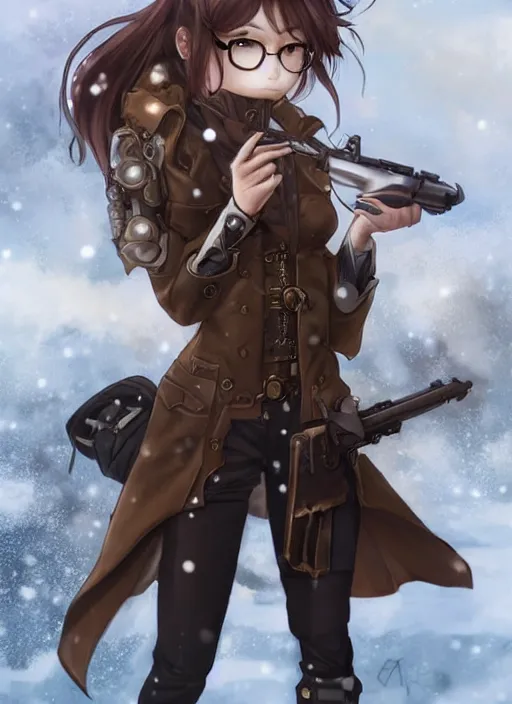 Image similar to girl with steampunk weapons and uniform, serious, intense, finely detailed, made by artgerm, ross tran, full body portrait, illustration, snow, snowing, cloudy, anime, side view, perfect anime face, realistic face, zoomed out, smooth, brown eyes, high waisted shorts