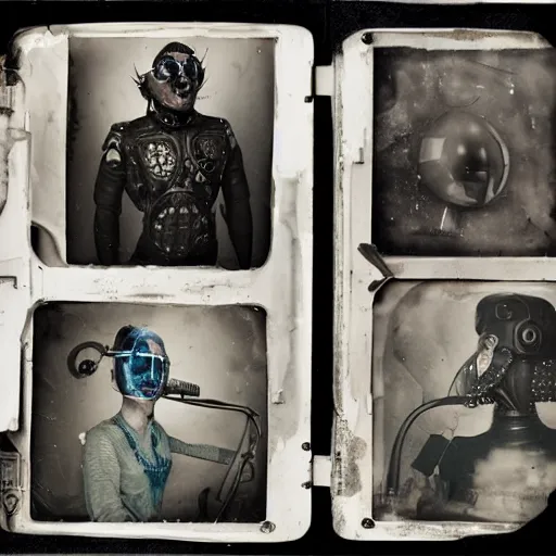 Image similar to tintype photographs of techno shamans, telepaths, dieselpunk cyborgs, masked heroes, irradiated humans, mystic mutates and monster hunters