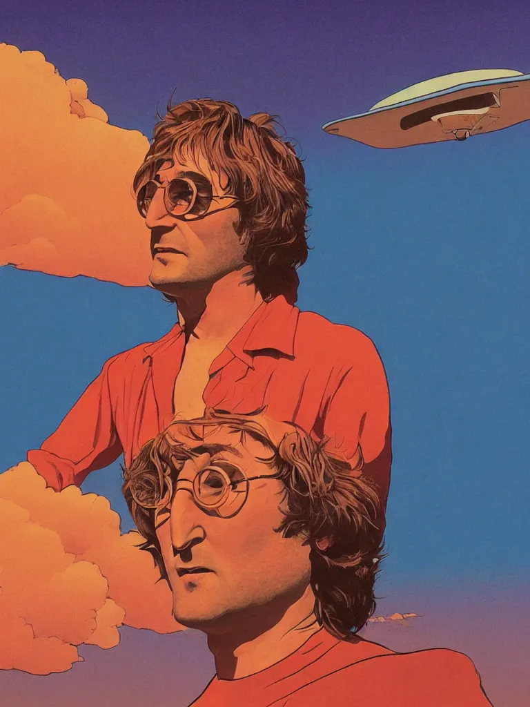 Image similar to a closeup portrait of john lennon next to a ufo, taking mind altering drugs, a blotter paper of lsd acid and dreaming psychedelic hallucinations in a vast desert landscape, by kawase hasui, moebius, edward hopper, colorful flat surreal design, dramatic lighting, hd, 8 k, artstation