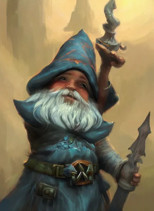 Prompt: wondrous gnome wizard painted by raymond swanland