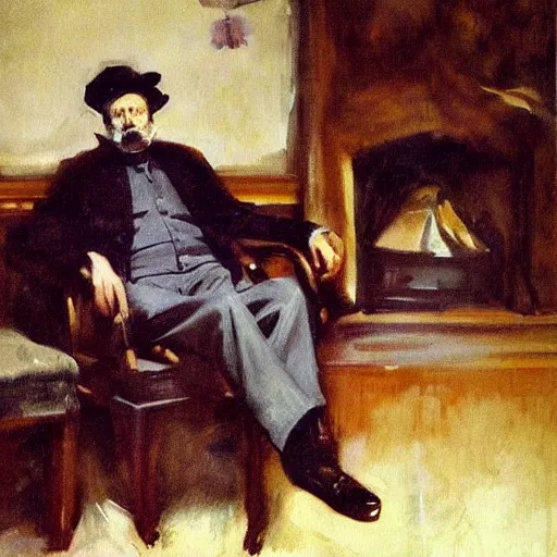 Prompt: “painting by John singer Sargent of an old and shabby chimney sweep seated on an expensive settee”