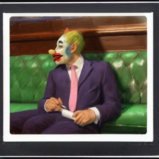 Image similar to a polaroid of a highly detailed beautiful portrait close up hyper realistic photograph of a british member of parliament in the house of commons wearing pastel coloured clown costumes, they are smoking cannabis. flat, crisp, but in the style of edward hopper, richard hamilton. concept art. green leather benches. photographic. concept. crisp. no artefacts. high fidelity facial portrait. 8 k