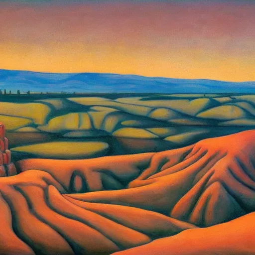 Image similar to badlands made of cupcake icing, grant wood, pj crook, edward hopper, oil on canvas