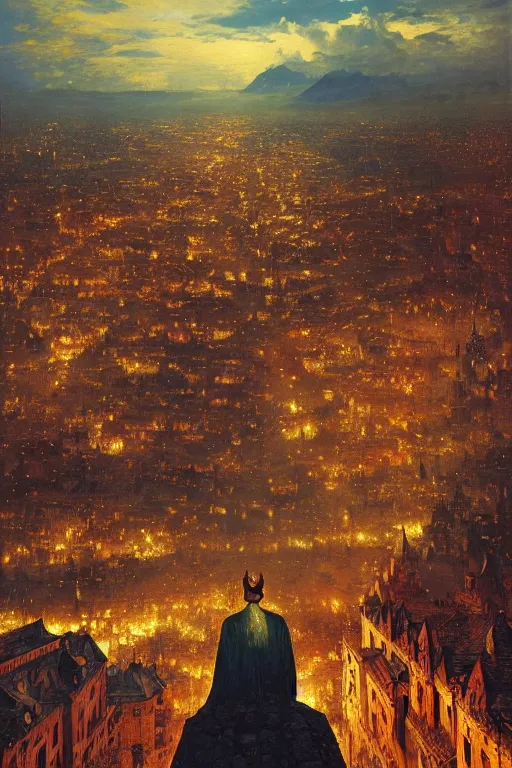 Image similar to the crowned king in disguise, looking down on the crowded streets of the city of blood and prisms from above the mountain, night skies, dramatic light, hyperrealistic, colorful skies, digital art, studio portrait absurdly beautiful, elegant, graceful, john atkinson grimshaw, leonid afremov, wayne barlowe