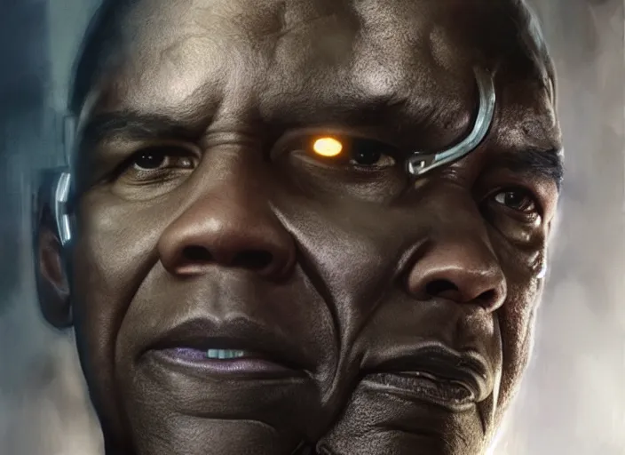 Image similar to denzel washington as victor stone, full body concept, cyborg, borg, strogg, face of a man, terminator, flesh, quake strogg, doom demon, wolfenstein, monstrous, powerful, symmetry, symmetrical, concept art by ruan jia and greg rutkowski