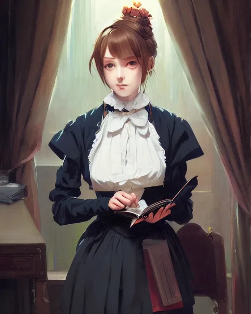 Image similar to a portrait of a victorian maid, victorian reading room, vivid colors, soft lighting, atmospheric, cinematic, moody, in the style of Ilya Kuvshinov and Range Murata, Krenz Cushart, oil on canvas, anime, 8K