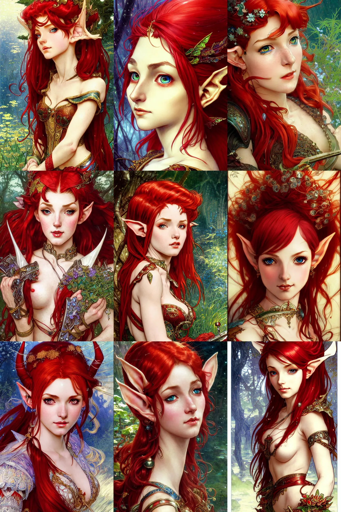 Prompt: alluring highly detailed close-up portrait of beautiful elf Shani with red hair wearing a fantasy outfit, very detailed, realistic, manga, pen and ink, by Stanley Artgerm Lau, greg rutkowski, thomas kindkade, alphonse mucha, loish, norman rockwell J.