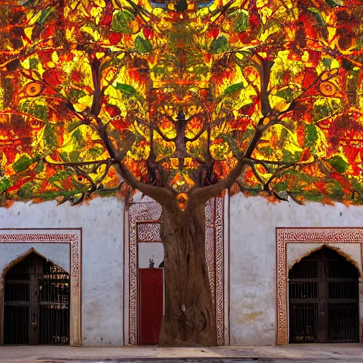 Prompt: A sacred biomechanical tree with many large fantastic clocks hanging from its branches, amber fort with clocks, red orange and yellow leaves, in the style of wes anderson, realistic, ornate, intricate, cinematic, volumetric