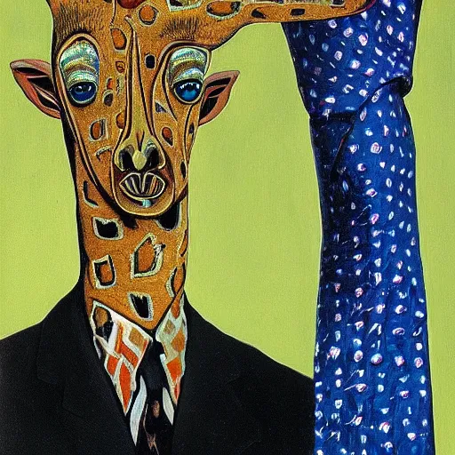 Prompt: A portrait of a humaniid giraffe wearing a tie by Salvador Dali