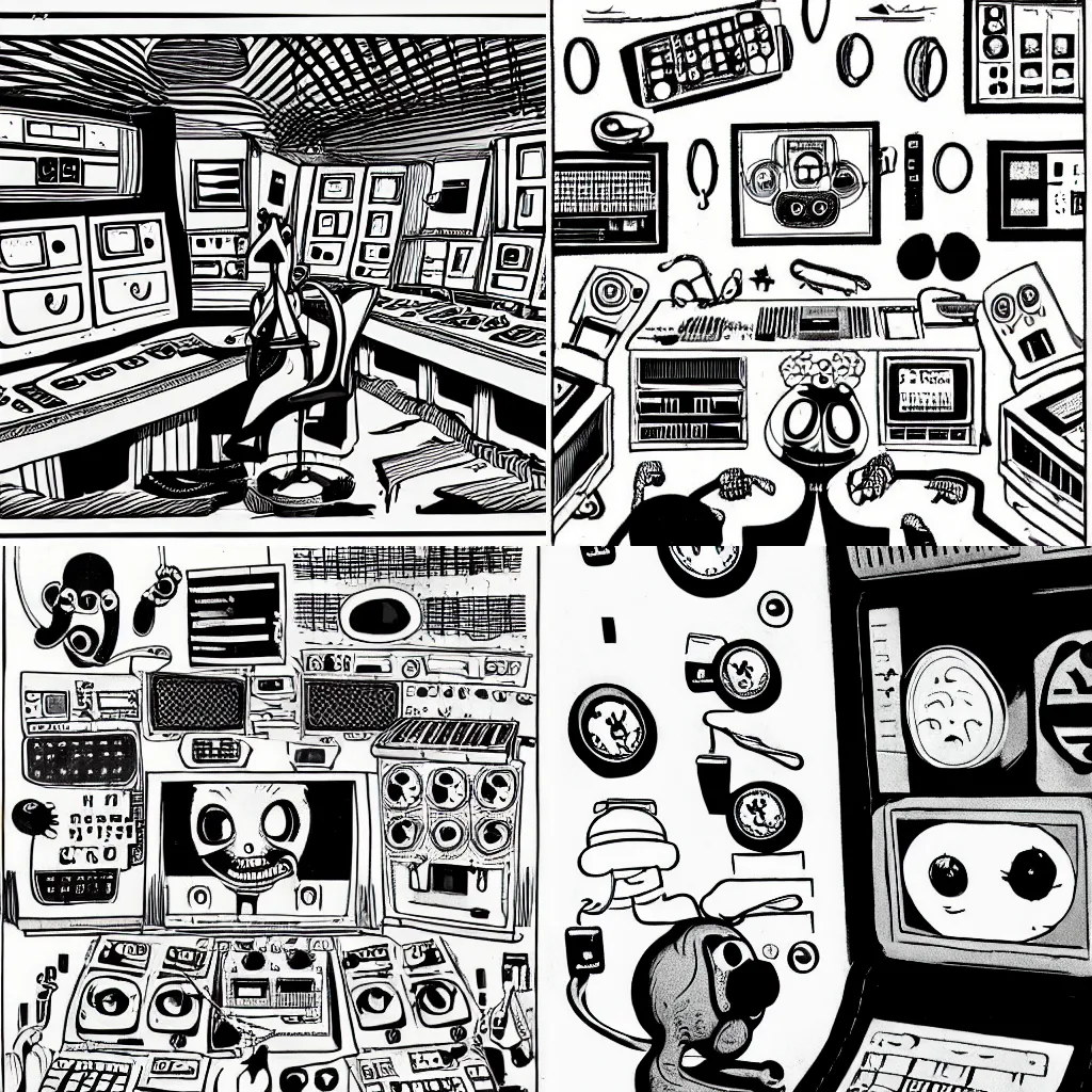 Prompt: a black and white photograph of control room, frontal lobe, figuring, alien, in the style of Gary baseman, Robert crumb