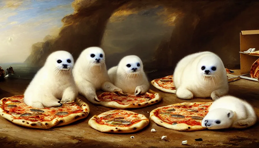 Prompt: highly detailed painting of cute furry white baby seals having a pizza party by william turner, by greg rutkowski, by william constable, thick brush strokes and visible paint layers, 4 k resolution