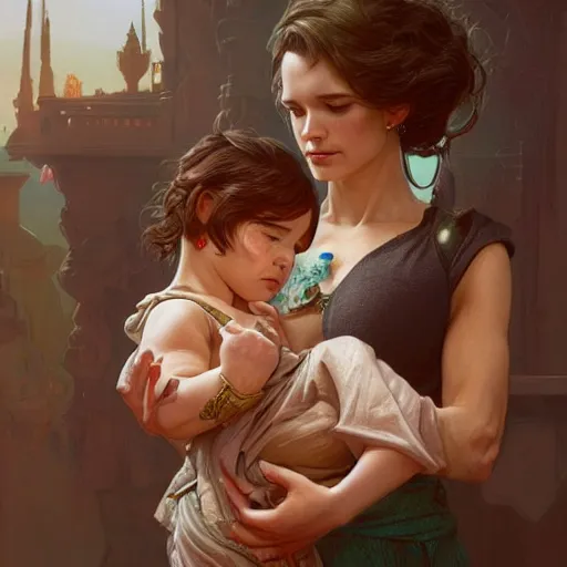 Image similar to giantess woman holding a small man in her hands, intricate, highly detailed, digital painting, artstation, concept art, smooth, sharp focus, illustration, unreal engine 5, 8 k, art by artgerm and greg rutkowski and alphonse mucha