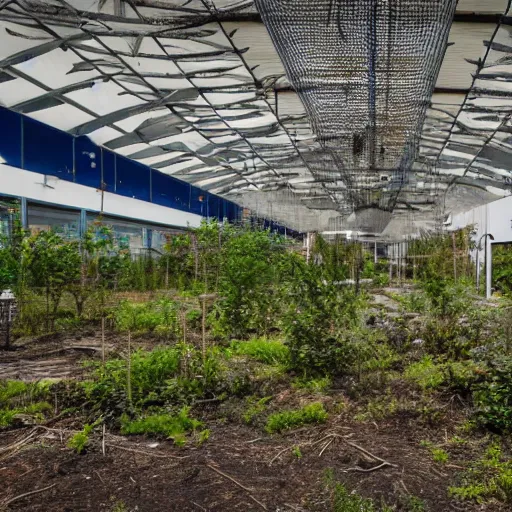 Prompt: an abandoned ikea store covered with vegetation, realistic, nikon