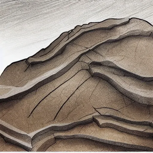 Prompt: masterpiece abstract high detailed intricate painting of many - layered angled rocky field along a three - quarters landscape surface of squared shapes. sloping thin pencil rough sketch lines provide a sense of movement. dramatic use of light to create a sense of a stony surface. using engineering techniques and a rich dark earthy color palette, providing a physical mathematical feel.