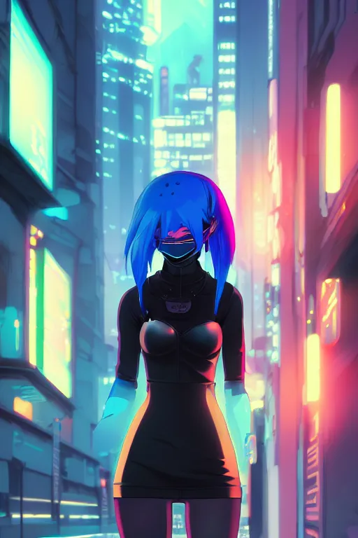 Image similar to digital illustration of cyberpunk pretty girl with blue hair, wearing a black ominatrix outfit, in city street at night, by makoto shinkai, ilya kuvshinov, lois van baarle, rossdraws, basquiat