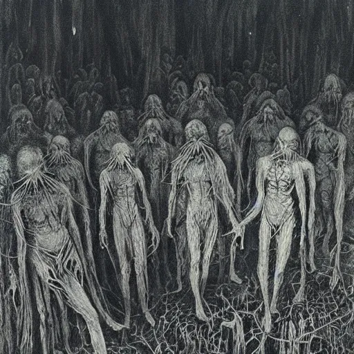 Image similar to occult members gather in a louisiana bayou swamp, highly detailed horror beksinski painting