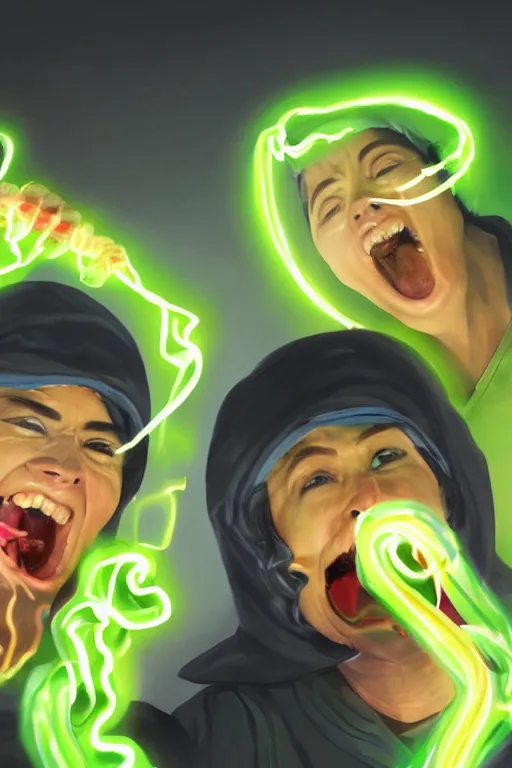 Image similar to a hyperrealistic portrait of two ninjas opening a can of glowing worms and drinking fluorescent liquid , 8k