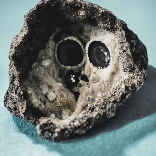 Image similar to photography of a geode with a a small body of an alien skellet inside it