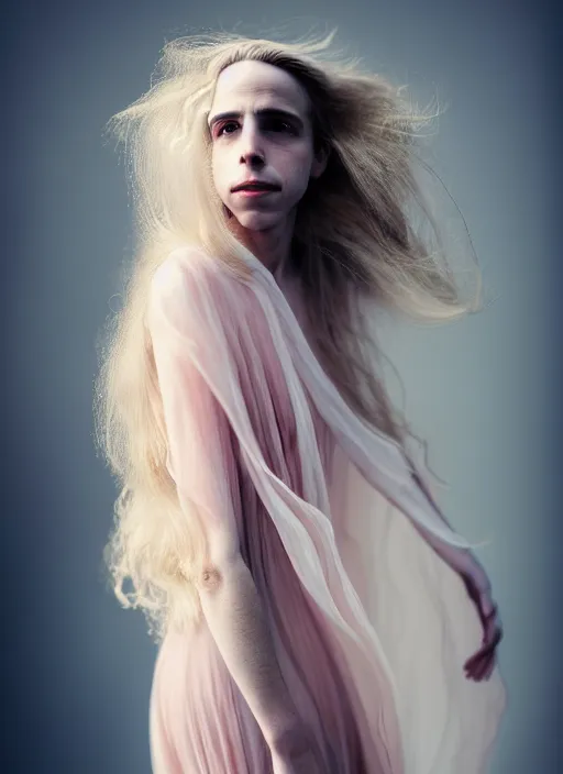 Prompt: portrait photography of a beautiful woman, in fine art photography style of Giovanni Gastel , brit marling style 3/4 , natural color skin pointed in rose, the hair is like stormy clouds, full body dressed with a ethereal transparent voile dress, elegrant, 8K, soft focus, melanchonic soft light, volumetric dramatic lighting, highly detailed Realistic, hyper Refined, Highly Detailed, natural point rose', outdoor soft lighting, soft dramatic lighting colors scheme, soft blur lighting, fine art fashion photography