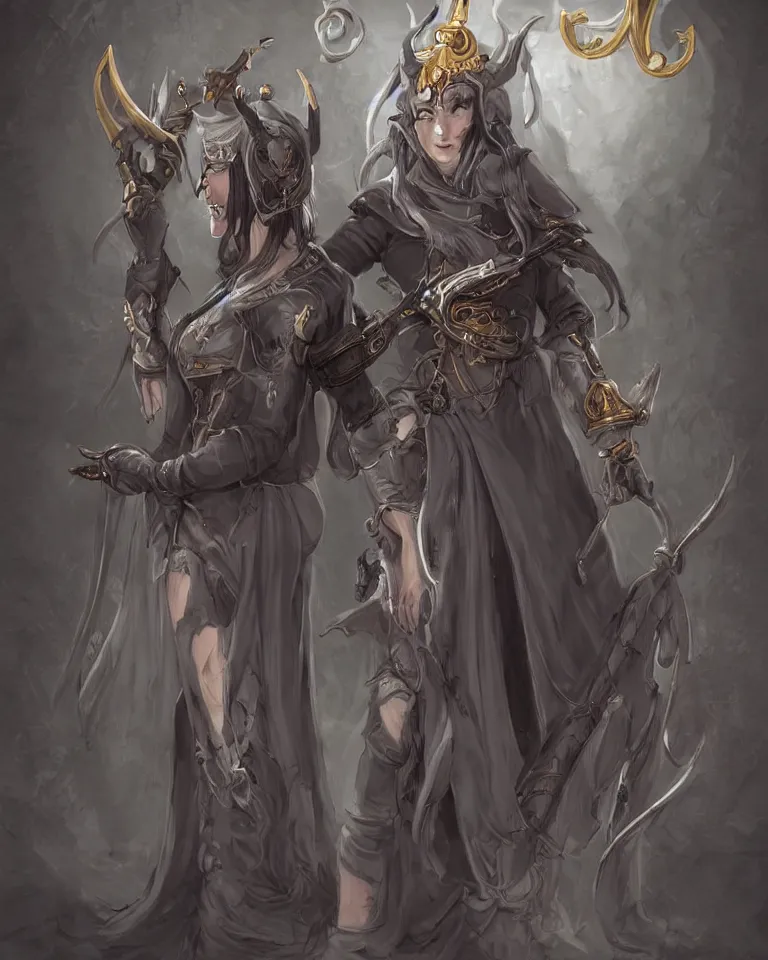 Prompt: female character concept art of tiefling cleric gunslinger holding pistol wearing a nun veil with demon horns on top, full body, grey skin, fine detailed painting, demon tail, blue cleric priestess robe with golden embroidery, final fantasy character art style, game character design, dark fantasy