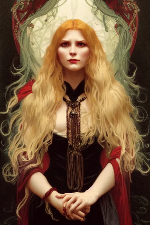 Image similar to female occultist, sweeping wild blonde hair, red eyes, portrait, high cheekbones, smug, evil, Victorian, black velvet dress, dark colors, ruby jewelry, fantasy painting, trending in Artstation, GSociety, by Alphonse Mucha, WLOP, Brom, William-Adolphe Bouguereau