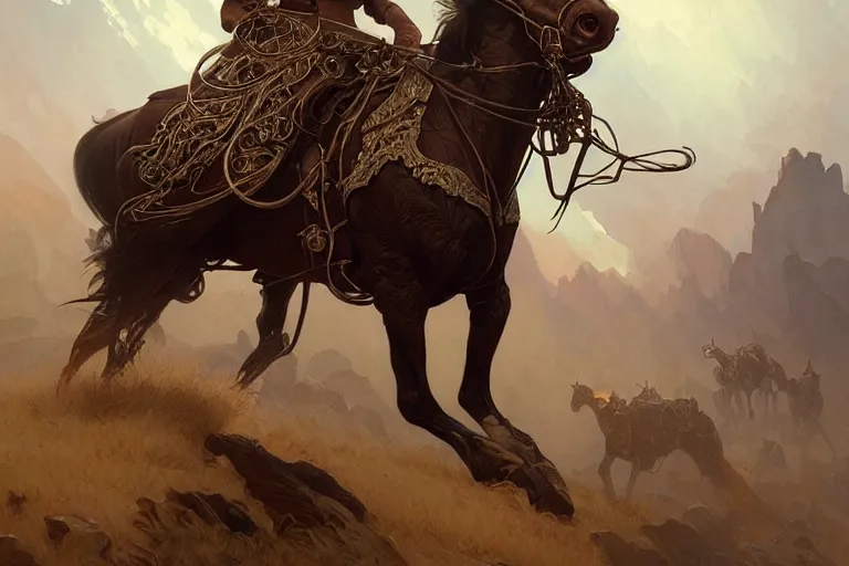 Image similar to rhodium cowboy, famine horseman, fantasy, intricate, elegant, highly detailed, digital painting, artstation, concept art, matte, sharp focus, illustration, art by artgerm and greg rutkowski and alphonse mucha