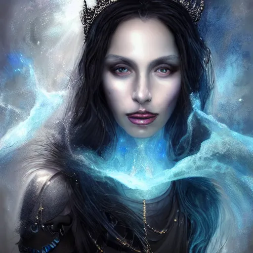 Image similar to masterpiece portrait of an aesthetic realistic mage woman, casting ice spell, 3 0 years old woman, black hair, wearing thin silver diadem with blue gems inlays, oil painting by joachim bergauer and magali villeneuve and wlop, atmospheric effects, chaotic fractal fog and sparks dynamics in the background, intricate, artstation, instagram, fantasy