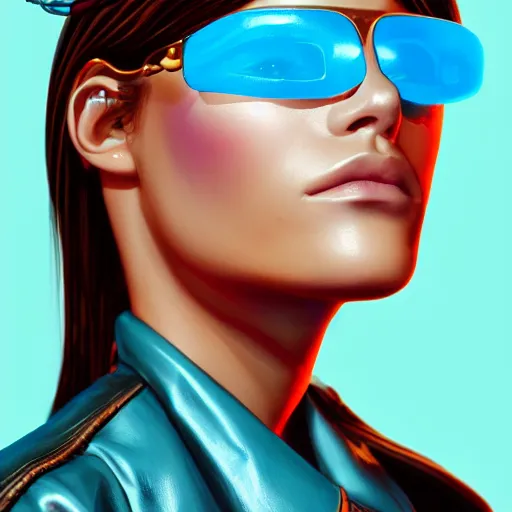 Image similar to closeup painting of a very beautiful young mexican cyberpunk woman with a smirk, wearing light blue shutter shades and a dark brown leather jacket, one side haircut, long brown hair with light blue ends, portrait, hyperdetailed, artstation, cgsociety, 8 k, synthwave by tangerine dream