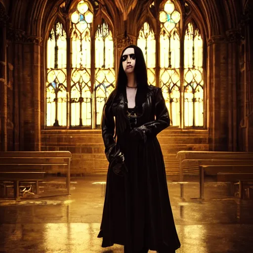 Prompt: a portrait of a sad cyberpunk long black hair women standing in a gothic catedral, soft lighting, golden hour, ahestetic, very detailed, super detailed, extremely beautiful,