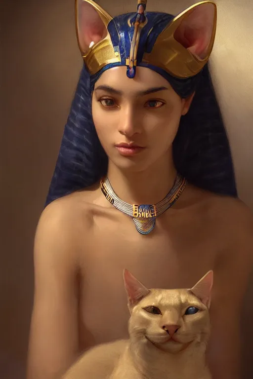 Prompt: softly lit portrait of the beautiful egyptian goddess, bastet, bast, woman / cat hybrid, soft torchlight in an egyptian tomb, digital art by ruan jia and mandy jurgens and artgerm and william - adolphe bouguereau, highly detailed, trending on artstation, award winning,